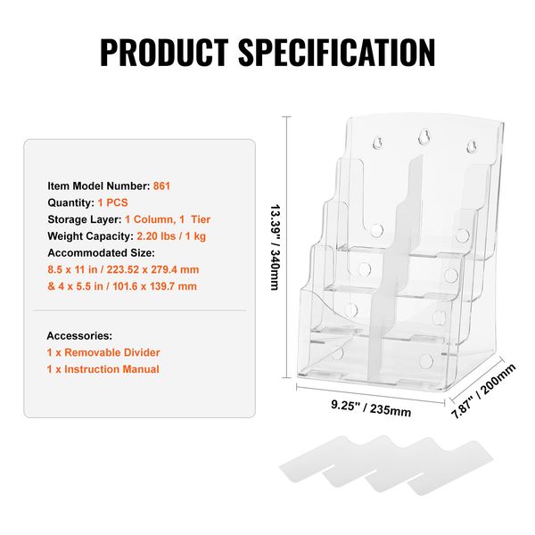 Acrylic Brochure Holder 8.5 x 11 inch, 4-Tier Clear Acrylic Literature Display Stand, Plastic Literature Organizer Flyer Stand & Removable Divider for Office Exhibition, Countertop or Wall Mount - Image 7