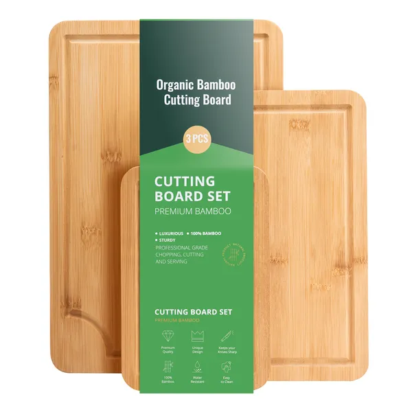 Cutting Board, 3 Pieces, Premium Versatile Bamboo Cutting Board with Food-Grade Oil and Juice Groove,Sturdy & Durable Chopping Board with Built-in Handle, Fit for Display, Chopping & Serving - Image 2