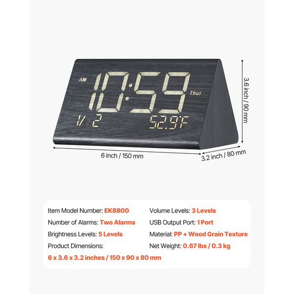 Digital Alarm Clock, Wooden Desk Clock with Dual Alarm, USB Port, Snooze, Night Light, Voice Control, Adjustable Volume, Bedside Desktop Clock with Charger for Bedroom, Kitchen, Office, Black - Image 8