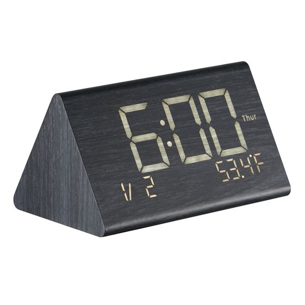 Digital Alarm Clock, Wooden Desk Clock with Dual Alarm, USB Port, Snooze, Night Light, Voice Control, Adjustable Volume, Bedside Desktop Clock with Charger for Bedroom, Kitchen, Office, Black - Image 10