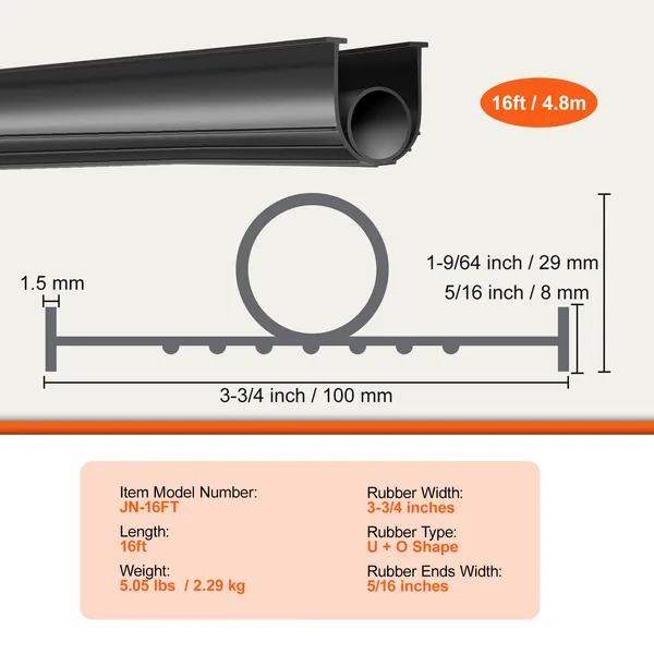 Garage Door Seals Bottom Rubber, U Shape +O Ring Garage Door Weather Stripping, Universal Weatherproof Threshold Buffering Sealing Rubber , 5/16 inch T-ends and 3 3/4 inch Width (16 Ft, Black) - Image 8