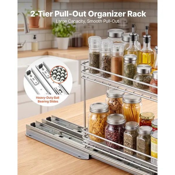 Pull Out Spice Rack Organizer for Cabinet, 2 Tier Slide Out Spice Rack Organizer, Heavy Duty Metal Seasoning Kitchen Basket for Inside Cabinets & Pantry Closet, 4.33W x 8.46D x 10.43H, Silver - Image 4