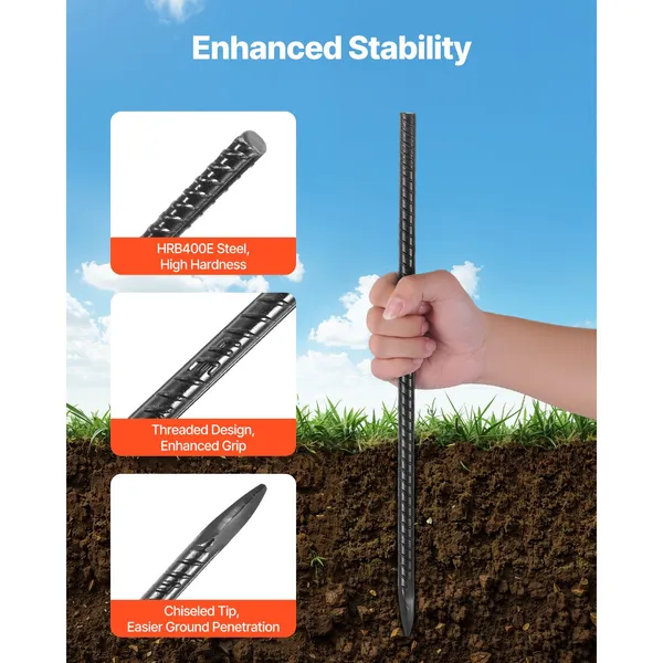 Rebar Stakes, 16-Inch, Heavy-Duty 0.45 in Diameter, Straight Galvanized Steel Ground Anchors with Chisel Point End & Rust-Resistant Coating, for Gardening Support, Fence, Camping Tents (16-Pack) - Image 6